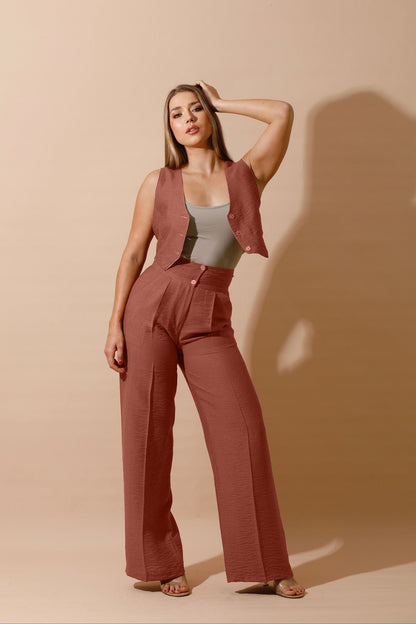 Linen-blend Double-Faced Vest & High Waist Trouser Pant - Havan/Beige-3