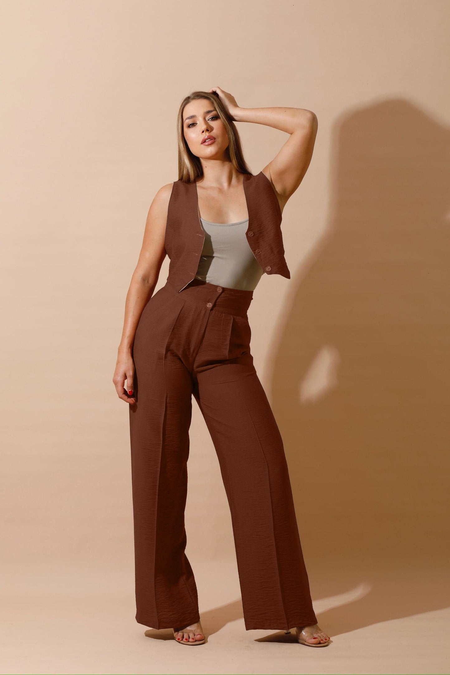 Linen-blend Double-Faced Vest & High Waist Trouser Pant - Brown/Beige-3