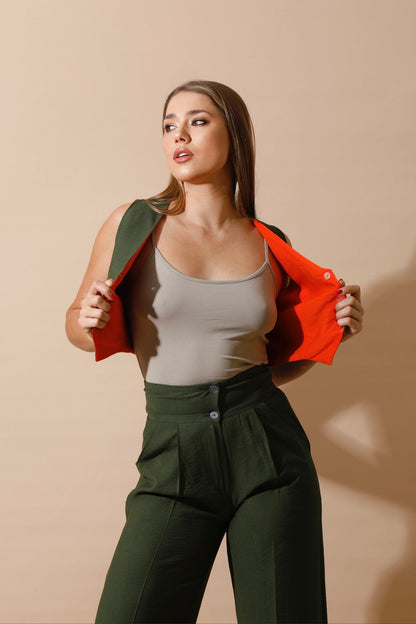 Linen-blend Double-Faced Vest & High Waist Trouser Pant - Olive/Orange-2