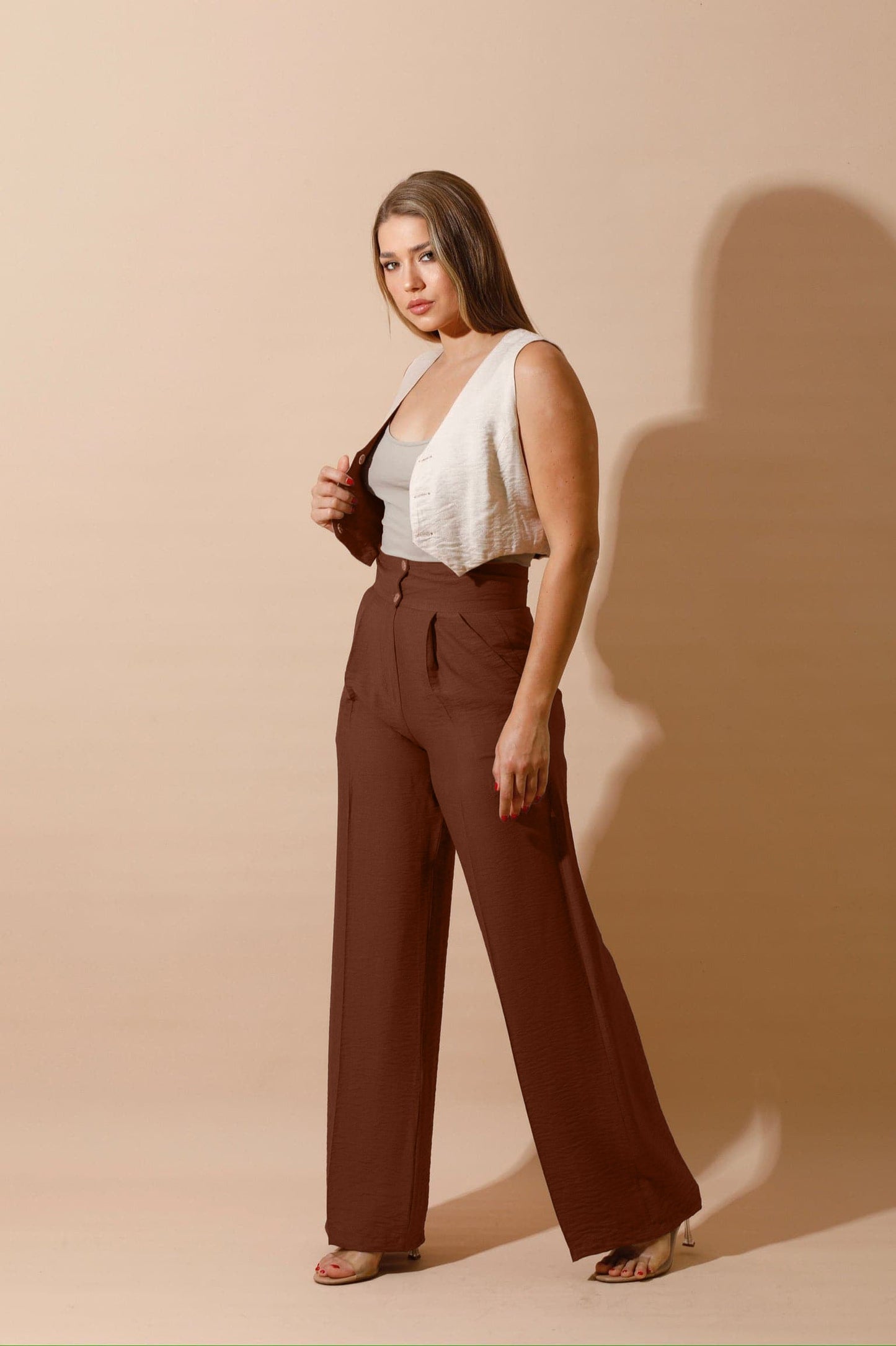 Linen-blend Double-Faced Vest & High Waist Trouser Pant - Brown/Beige-2