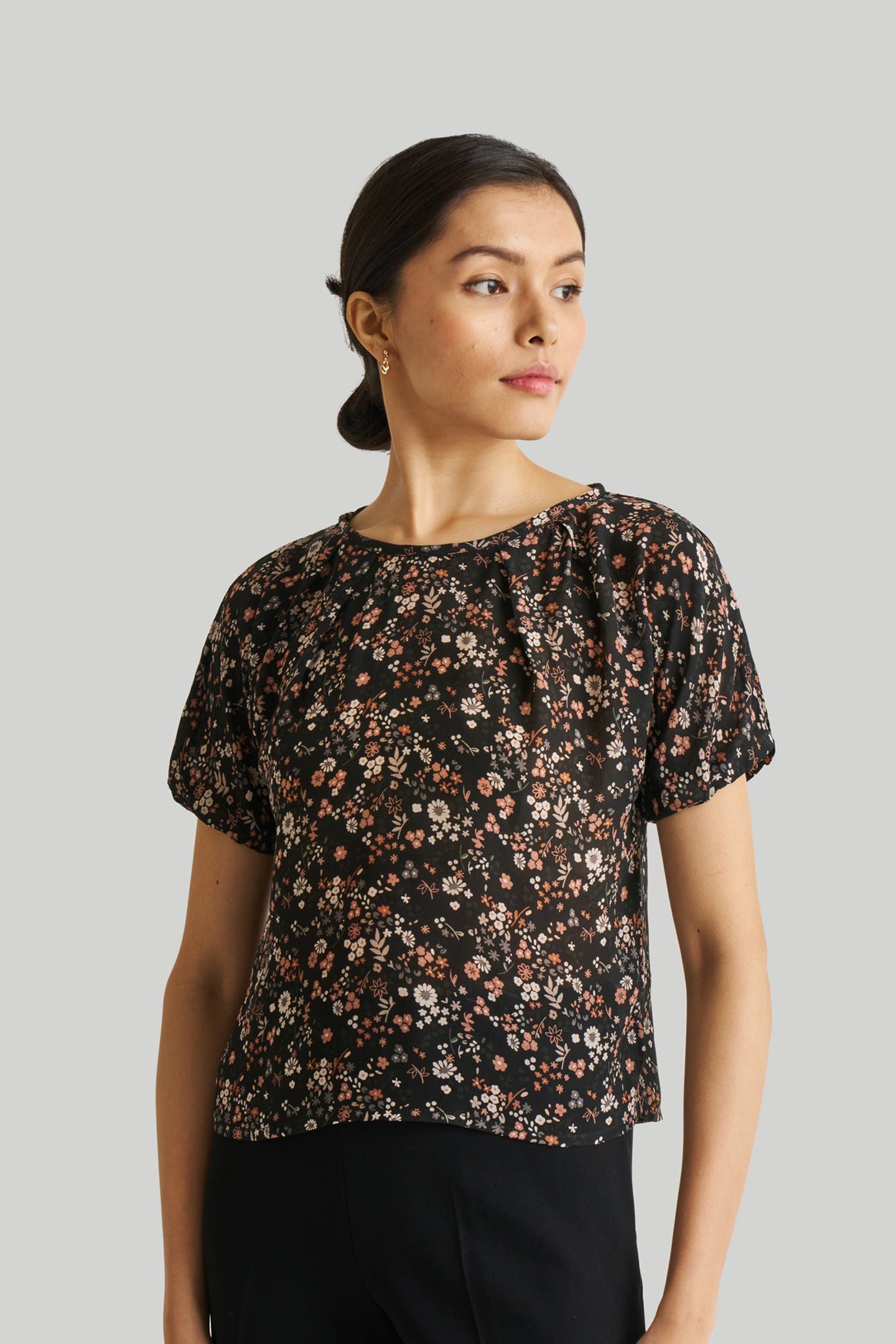 Balloon Sleeve Top in Black Florals-0