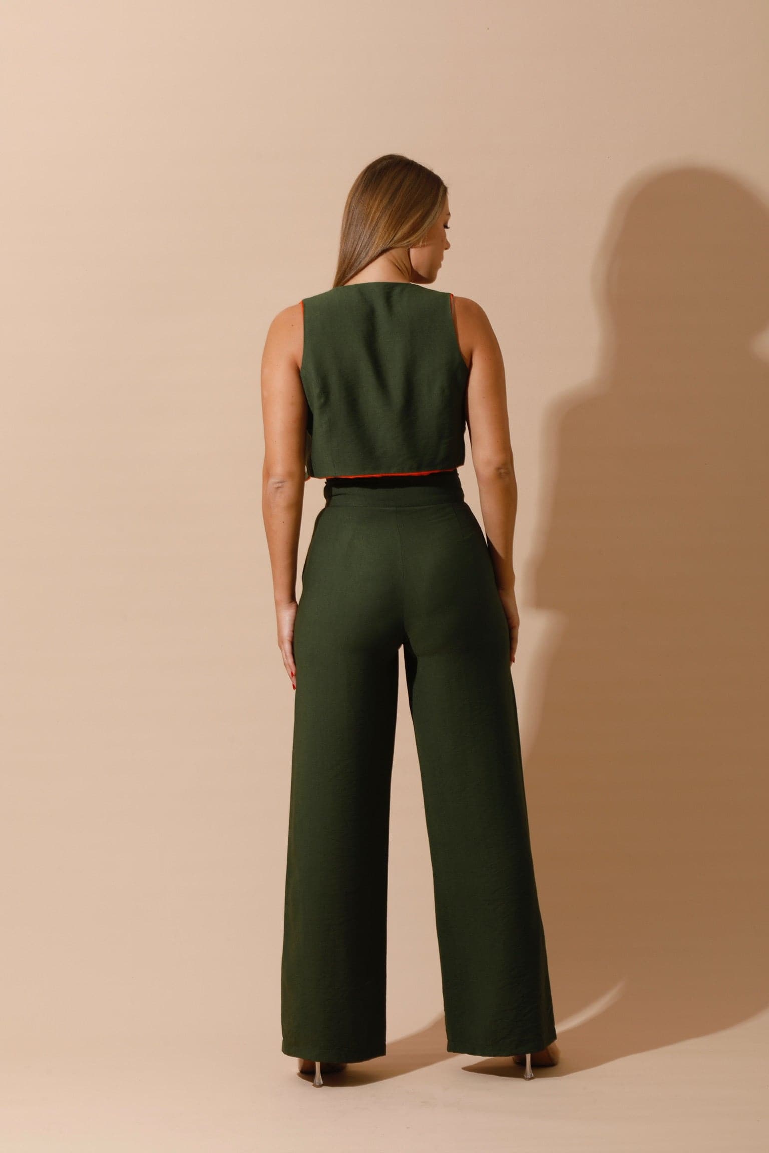 Linen-blend Double-Faced Vest & High Waist Trouser Pant - Olive/Orange-4