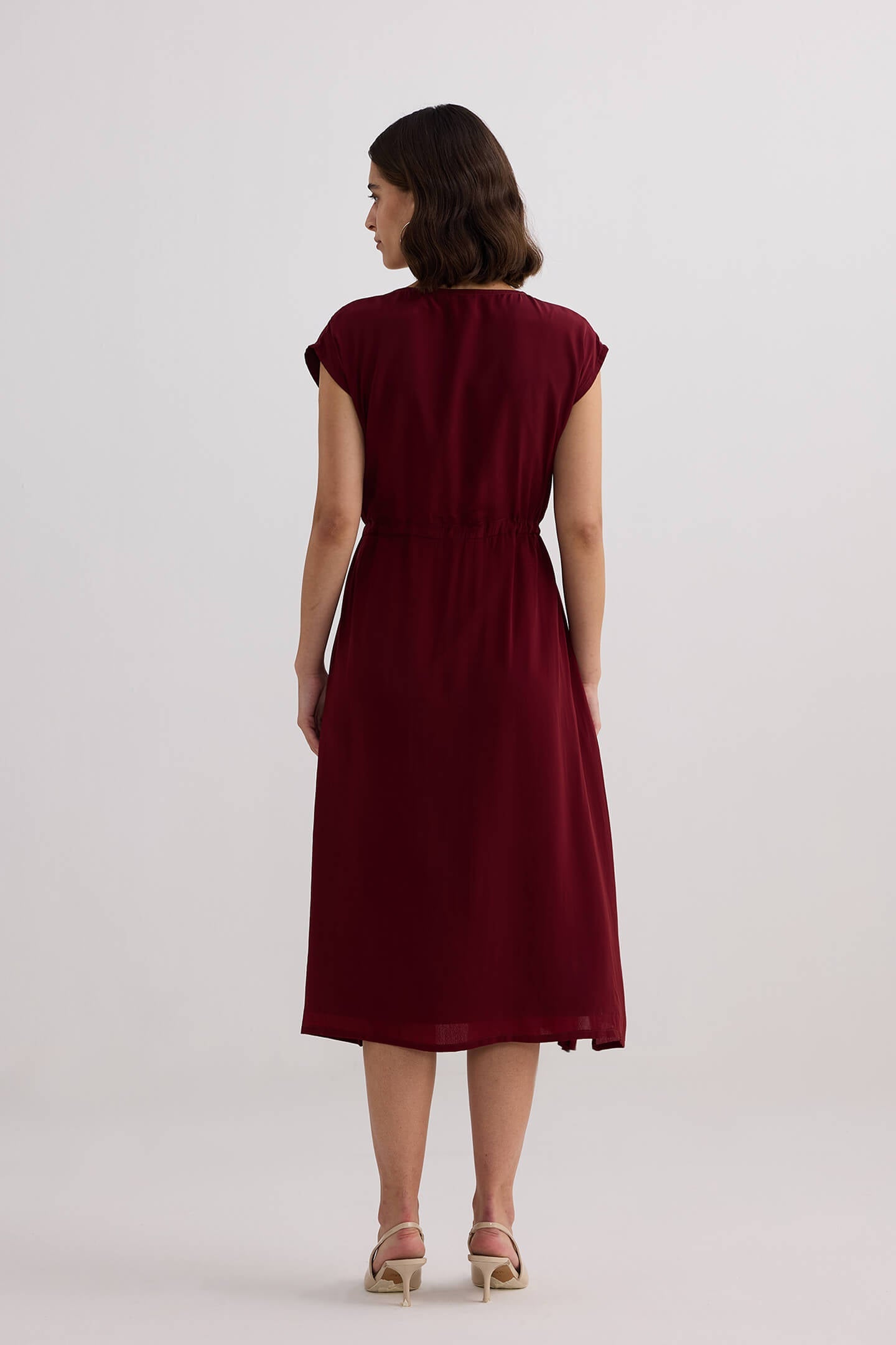 Deep V-neck Gathered Dress in Burgundy-1