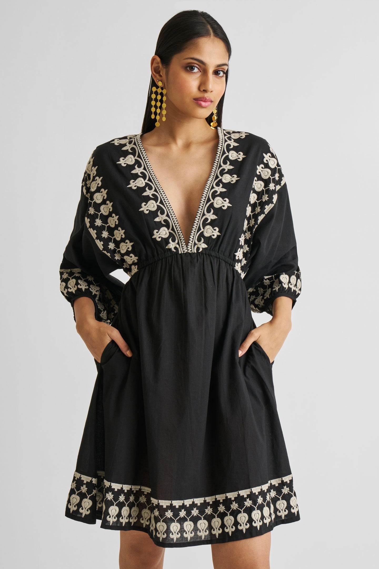 Deep V Embroidered Dress in Black-2