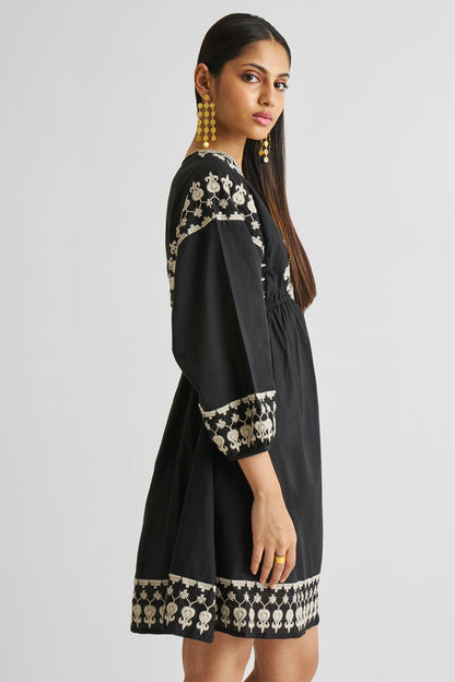 Deep V Embroidered Dress in Black-3