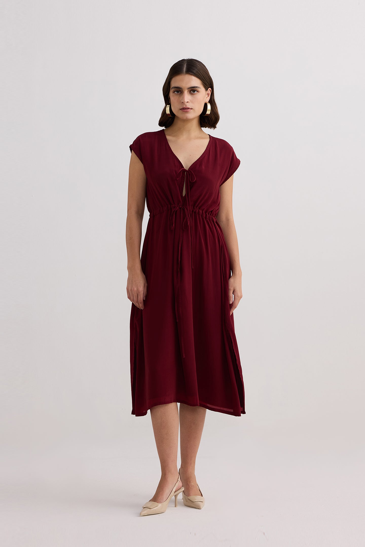 Deep V-neck Gathered Dress in Burgundy-0