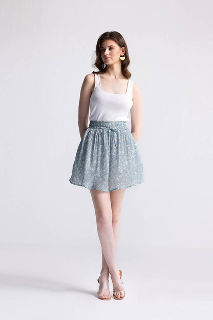 Drawstring Short Skirt in Light Blue Florals-0