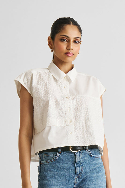 Embroidered Panel Crop Top in White-0