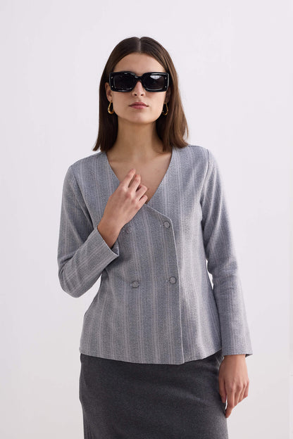 Fitted Cotton Tweed Jacket in Grey-4