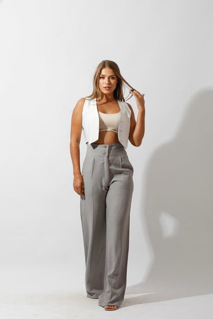 Linen-blend Double-Faced Vest & High Waist Trouser Pant - Gray/White-2