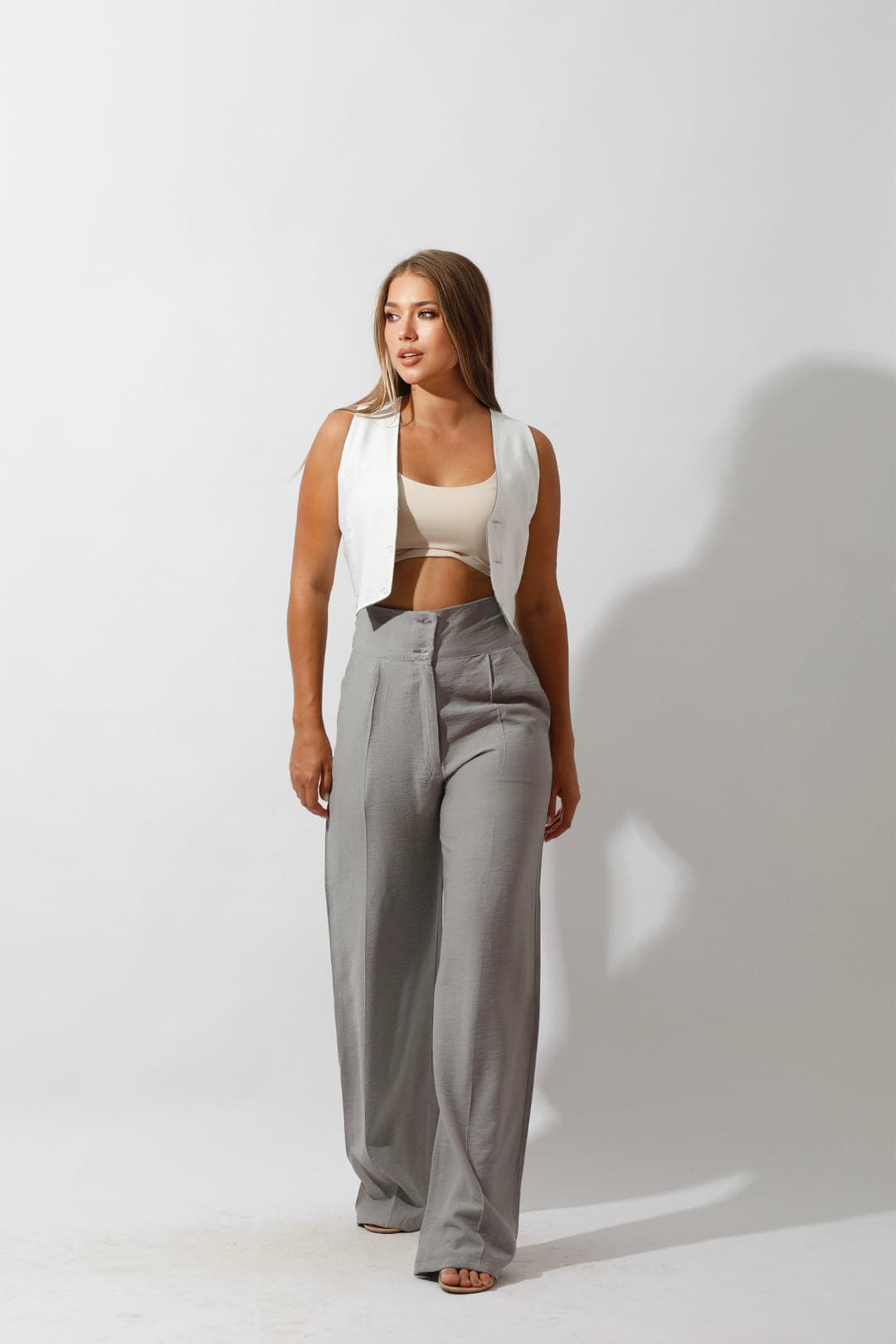 Linen-blend Double-Faced Vest & High Waist Trouser Pant - Gray/White-3