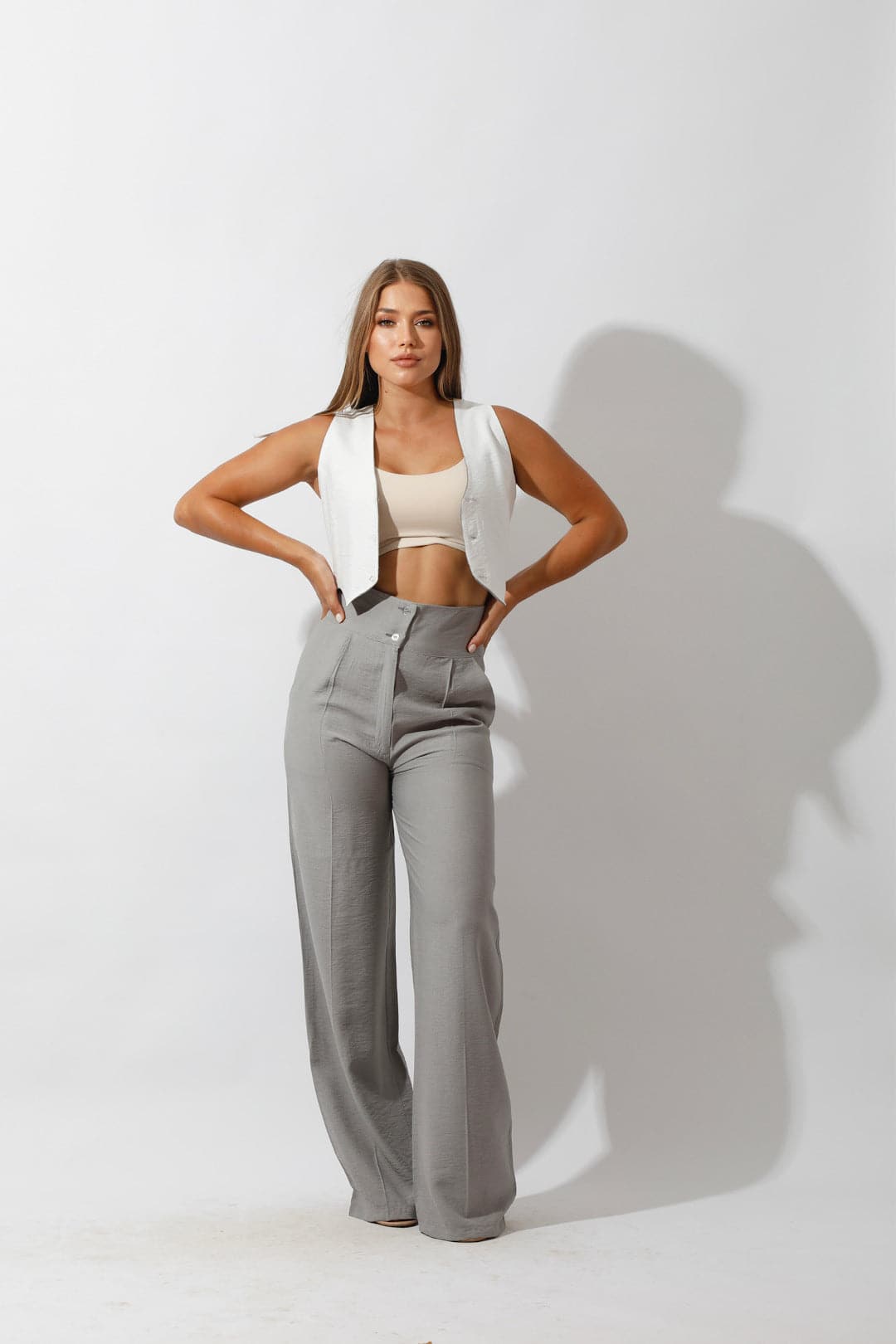 Linen-blend Double-Faced Vest & High Waist Trouser Pant - Gray/White-4