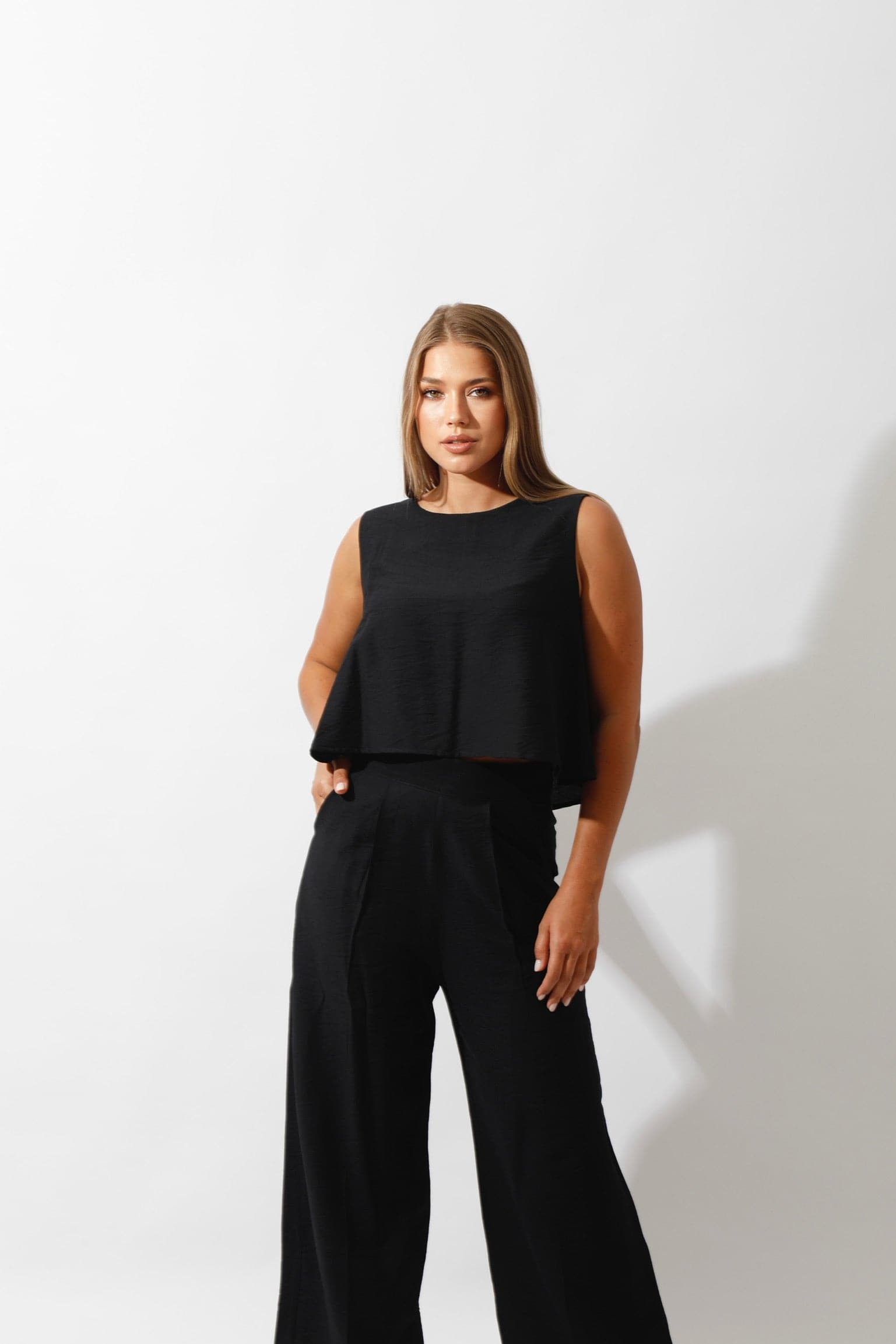 Linen-Blend Sleeveless Tank Top & Wide Leg Trouser Pant - Black-1