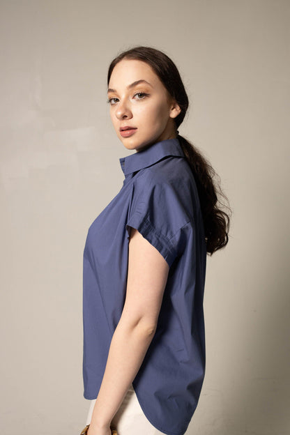 Women's Gather Collar Shirt in Navy-4