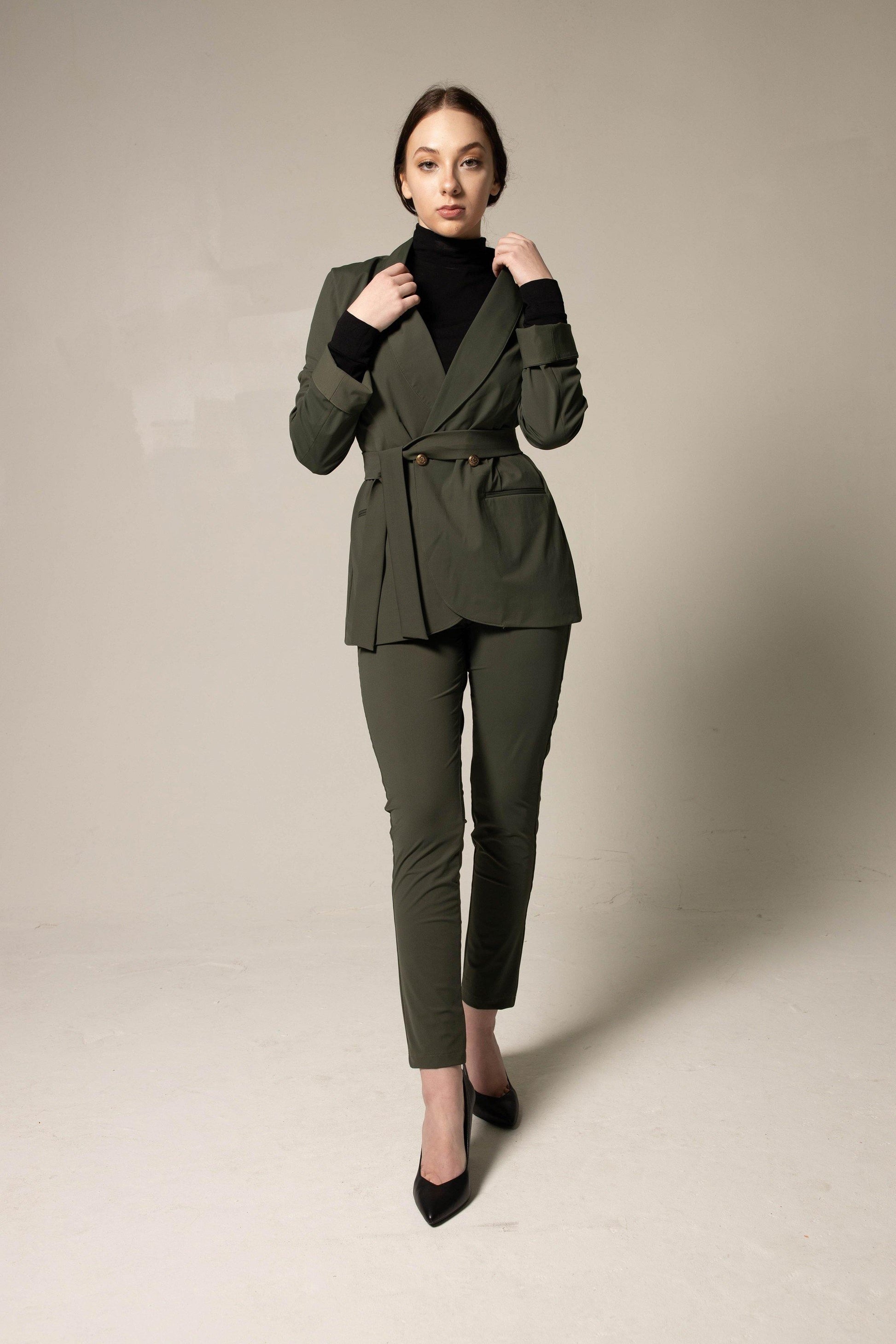 Women's Olive Blazer with Front Buttons-3