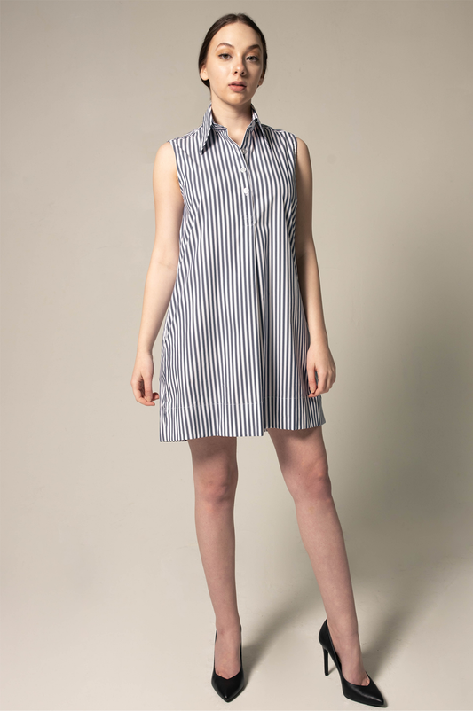 Italian Cotton Blue Stripe Sleeveless Dress-0