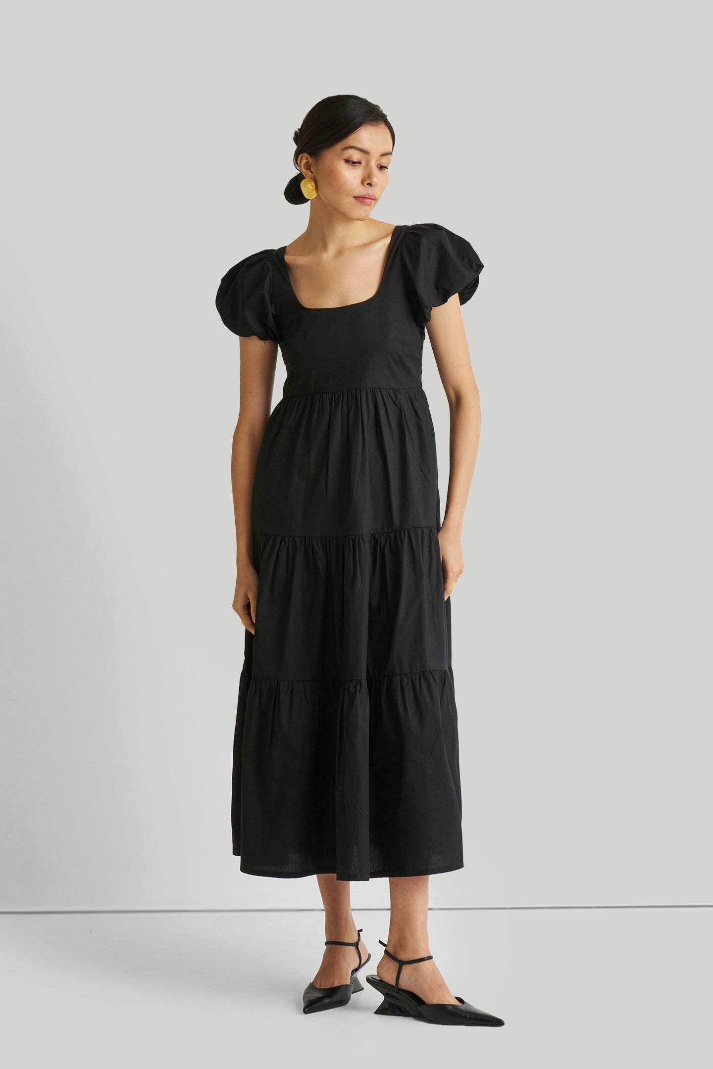 Puff Sleeve Tiered Maxi Dress in Black-2