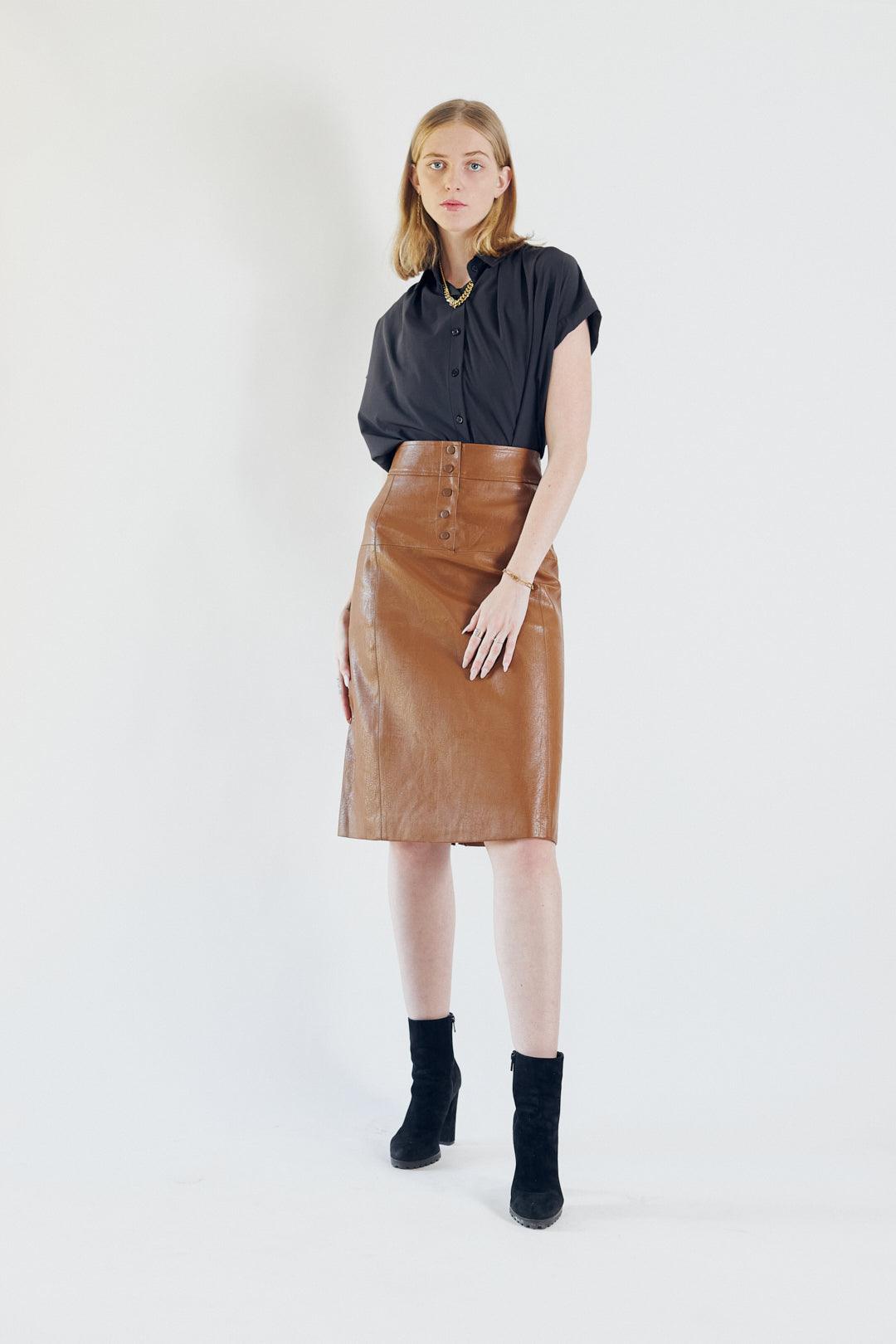 Glossy Brown Vegan Leather Pencil Skirt-1