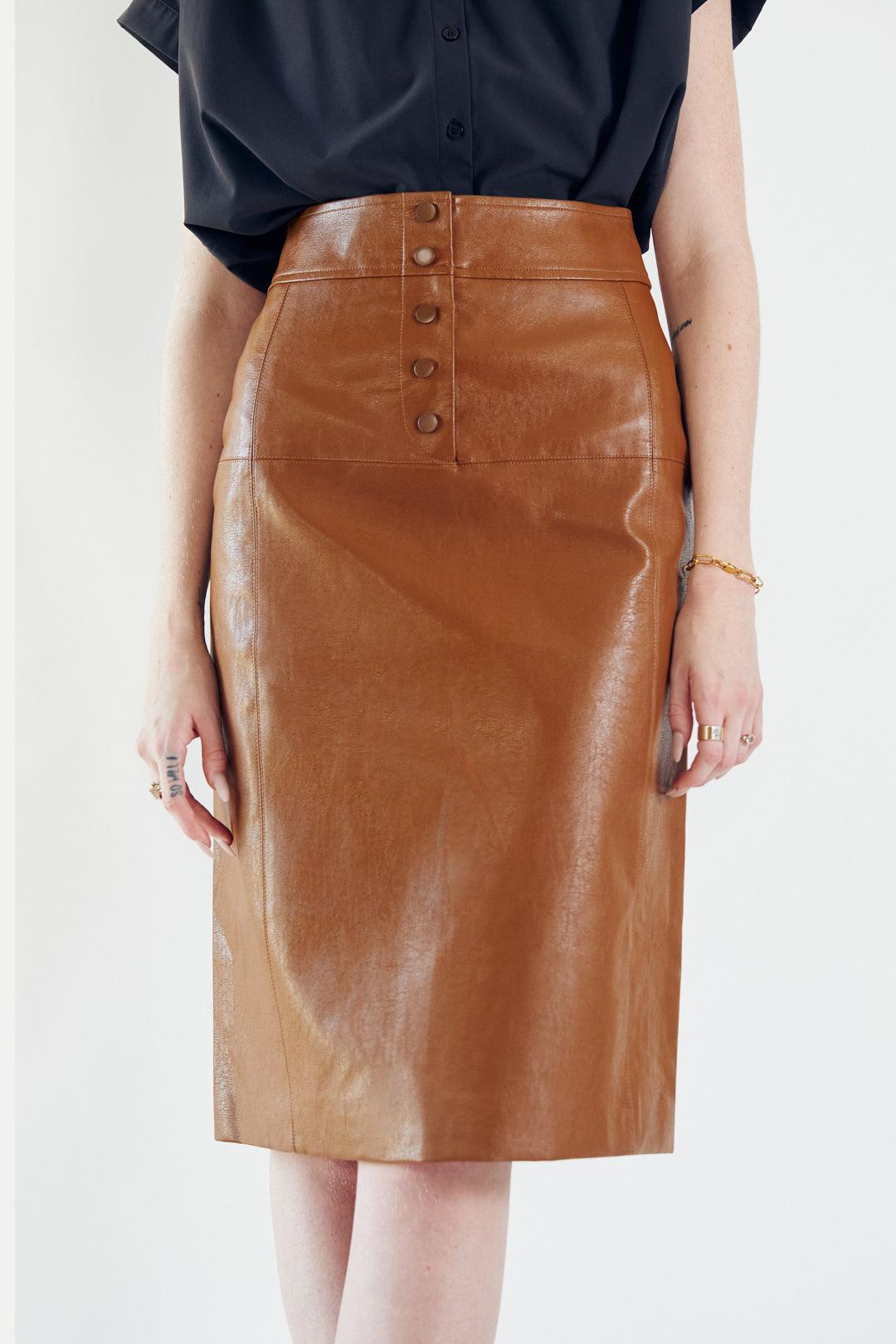 Glossy Brown Vegan Leather Pencil Skirt-2