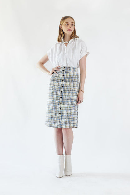 Luxe Plaid Tweed Pencil Skirt-0