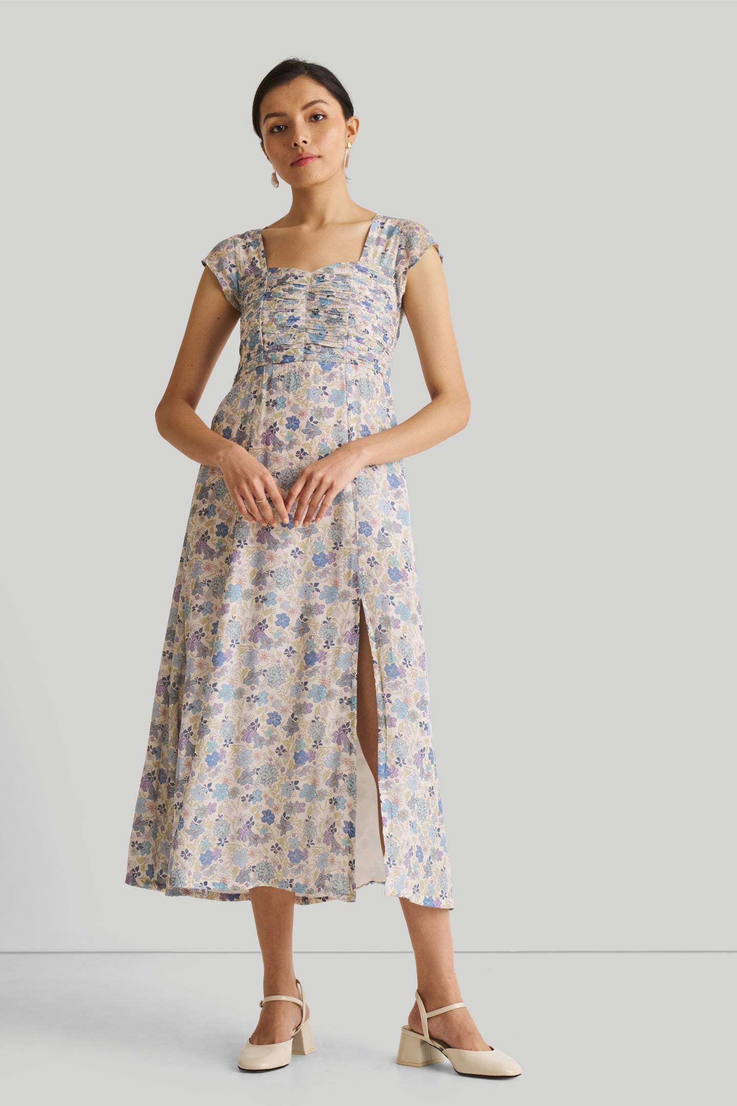 Ruched Dress in Blue Florals-2