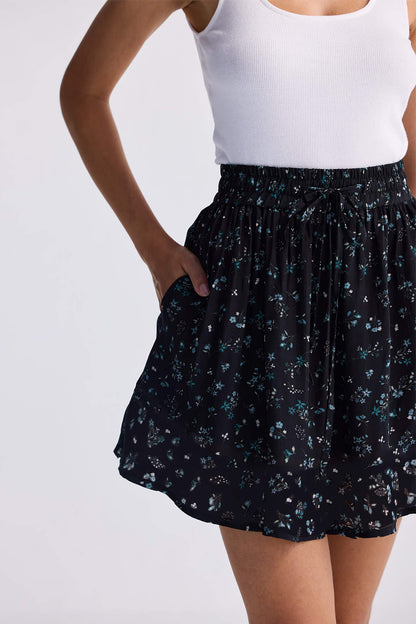 Drawstring Short Skirt in Dark Blue Florals-3