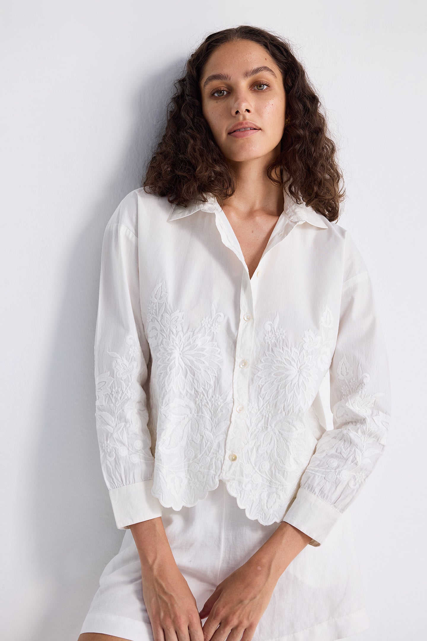 Embroidered Button-up Shirt in White-0