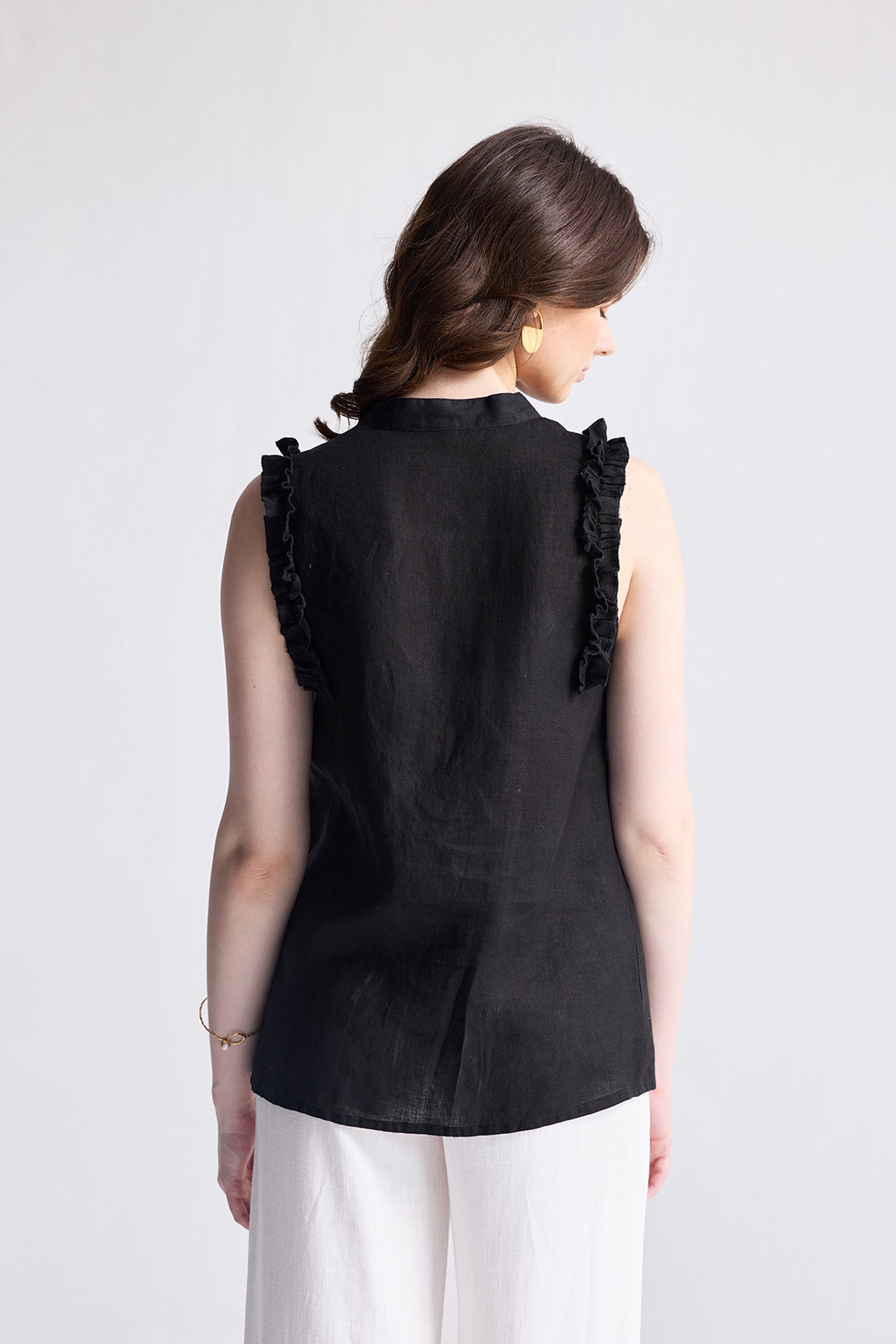 Sleeveless Hemp Top with Ruffles in Black-1