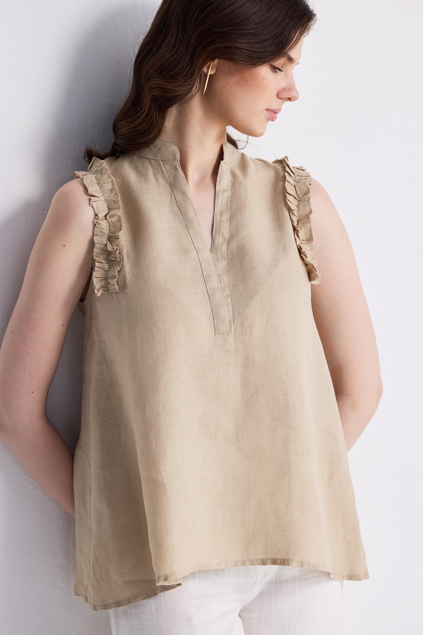 Sleeveless Hemp Top with Ruffles in Neutral Beige-0