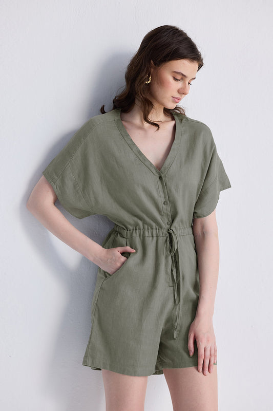 V neck Drawstring Romper in Dark Green-0