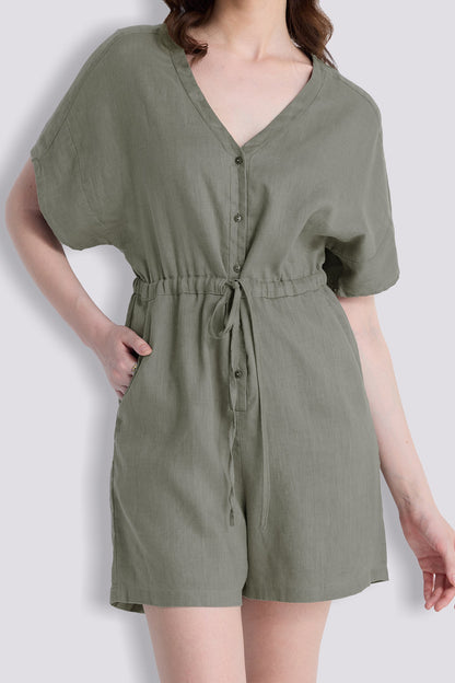 V neck Drawstring Romper in Dark Green-3