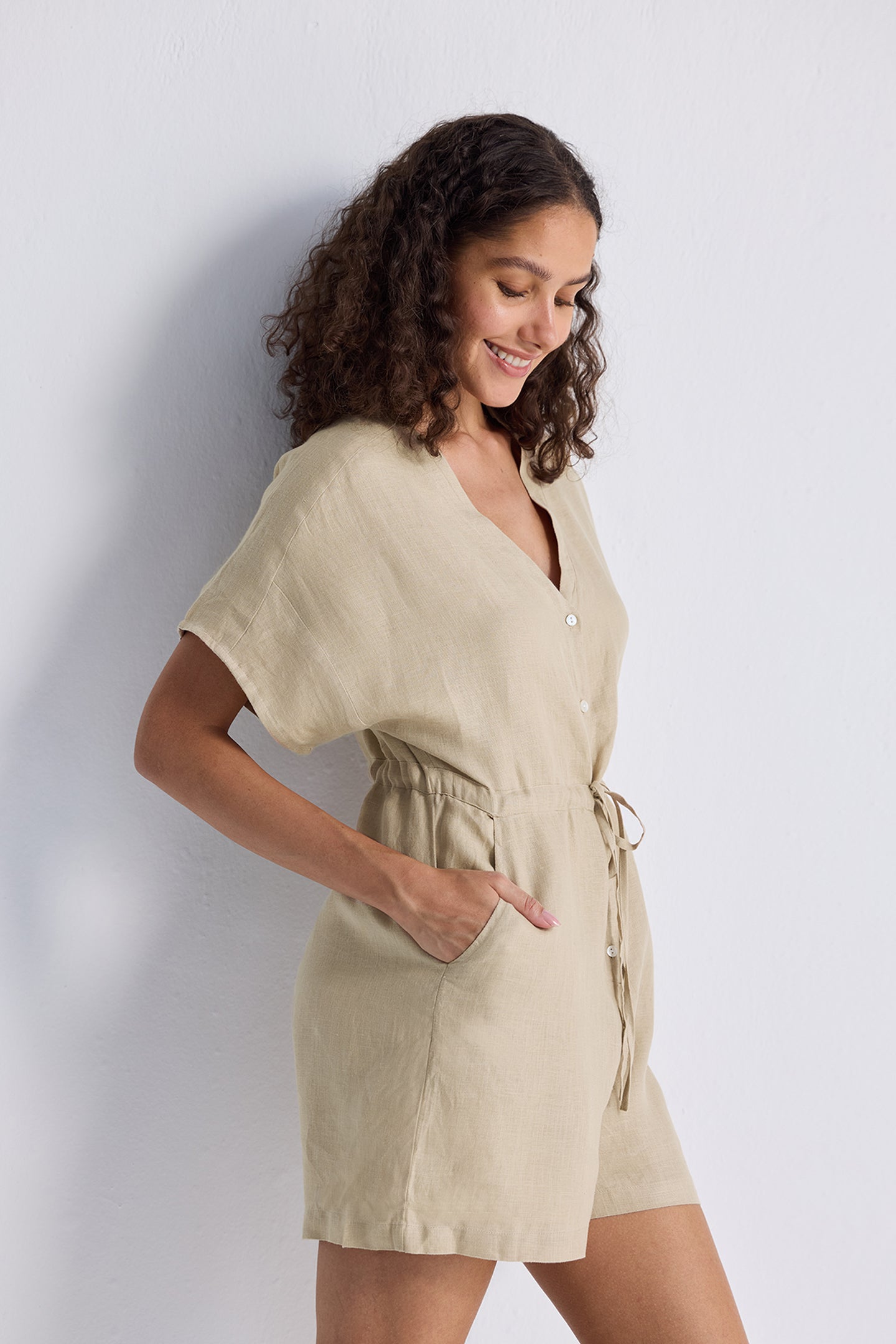 V neck Drawstring Romper in Neutral Beige-2