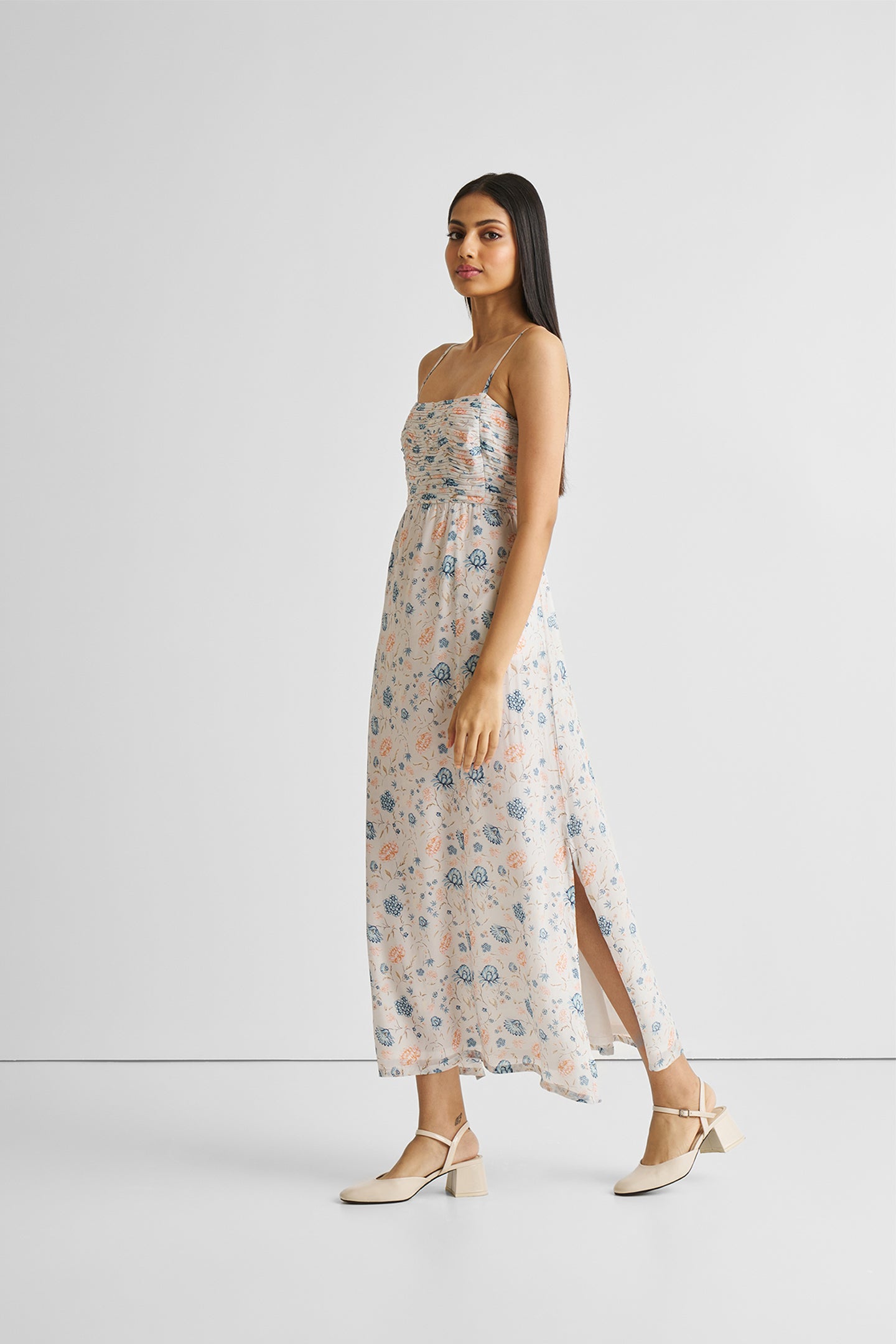 Ruched Strappy Maxi Dress Blue Florals-2