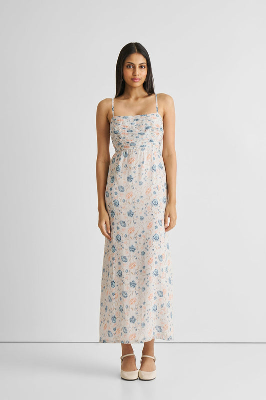 Ruched Strappy Maxi Dress Blue Florals-0