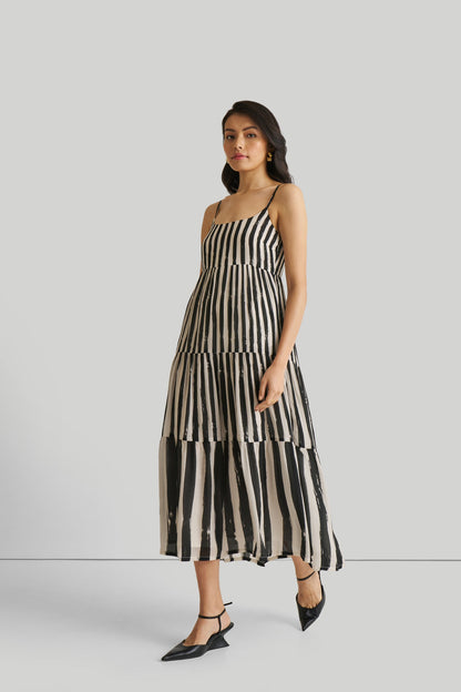 Strappy Tiered Maxi Dress in Black Stripes-2