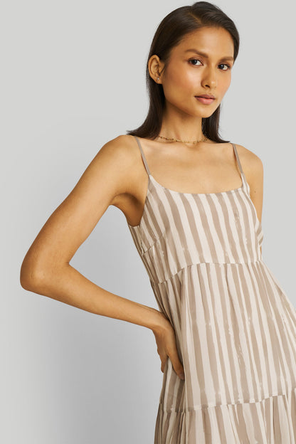 Strappy Tiered Maxi Dress in Beige Stripes-3