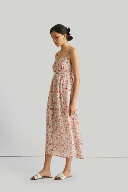 Strappy Gathered Midi Dress in Pink Florals-2