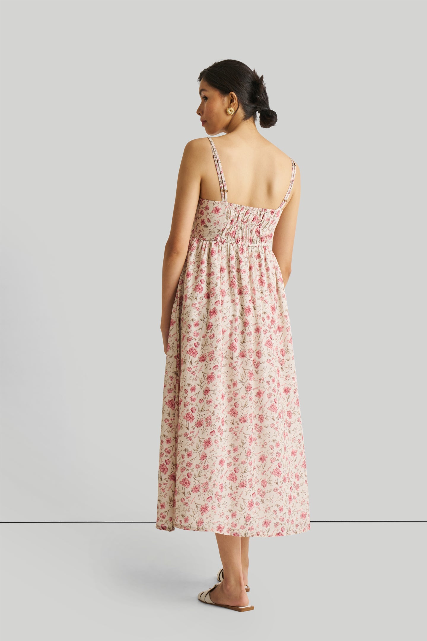 Strappy Gathered Midi Dress in Pink Florals-1