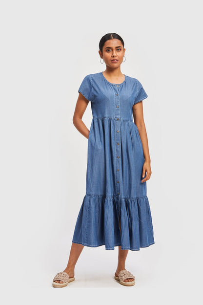 Tiered Denim Shirt Dress-0