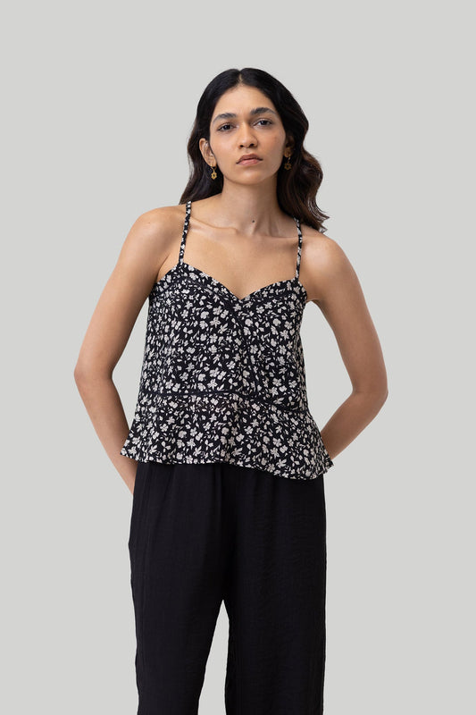 V-neck Lace Camisole in Black Florals-0