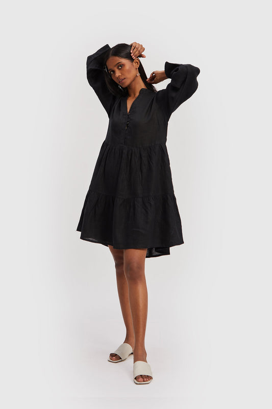 V-neck Tiered Dress in Black-0