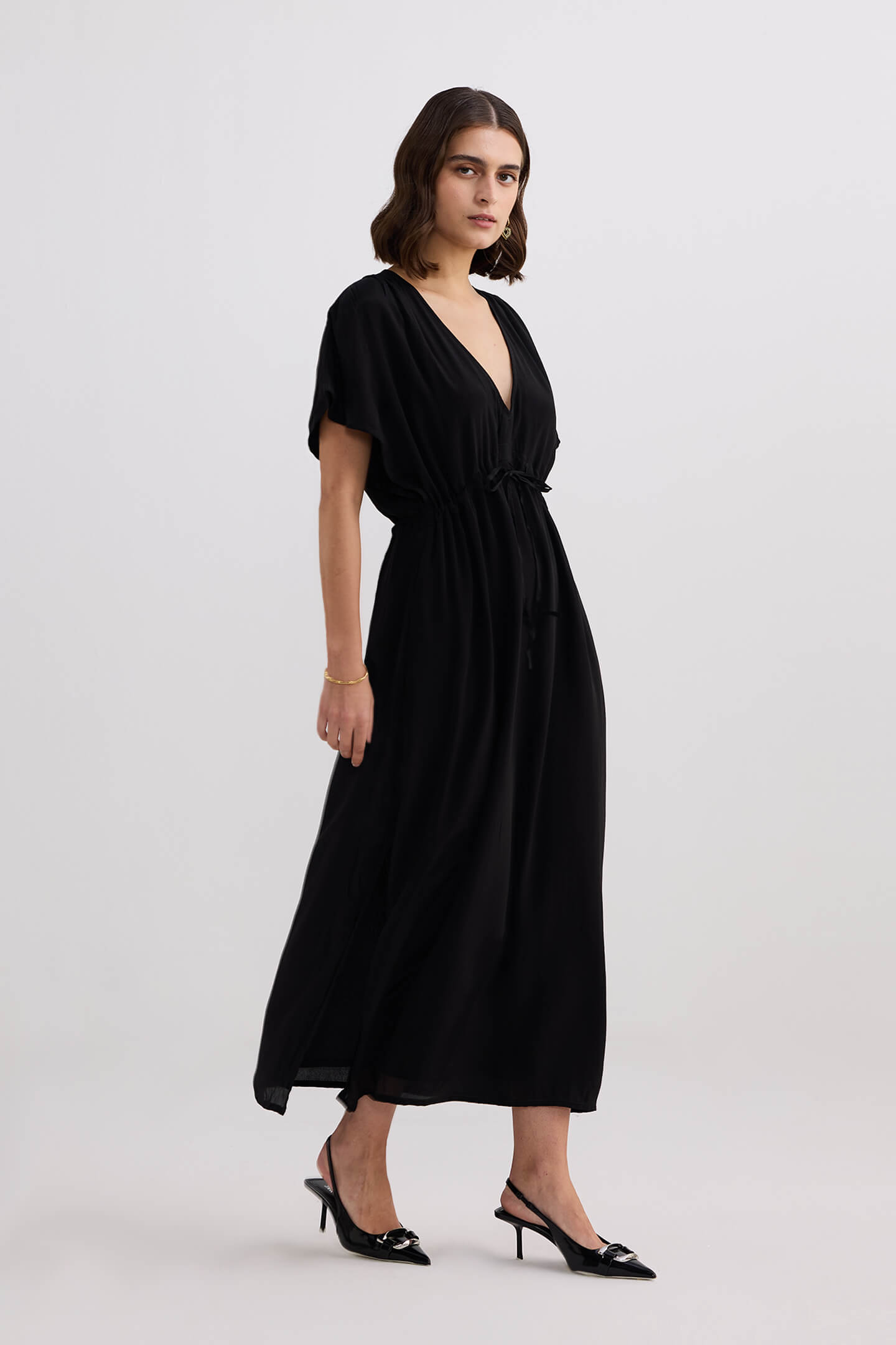 V-neck Gathered Maxi Dress in Black-2