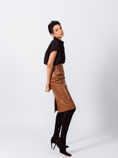 Glossy Brown Vegan Leather Pencil Skirt-4