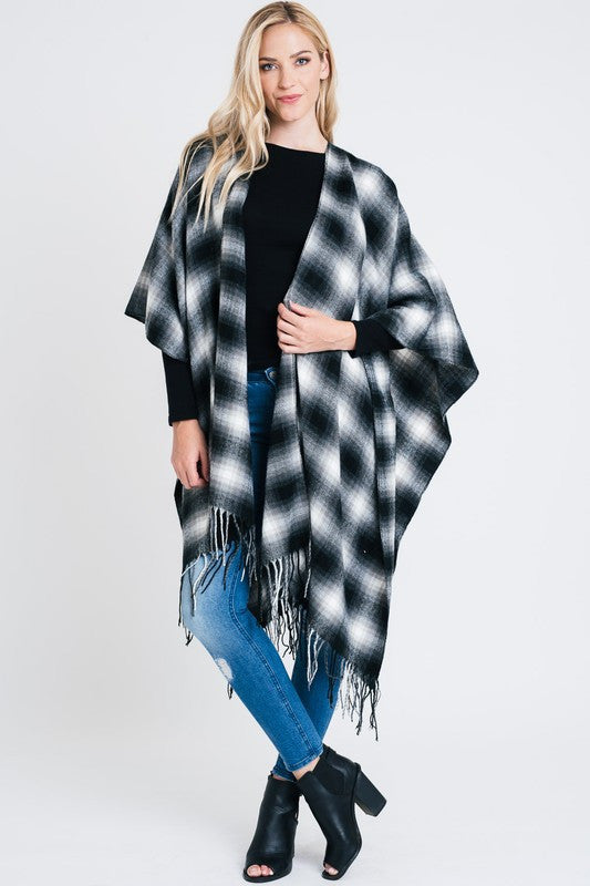 Plaid Open Front Poncho with Fringe Detail-0